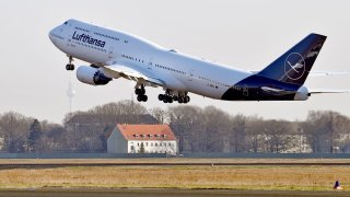 FILE - A Boeing 747-8 Lufthansa airplane
