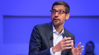 Alphabet CEO Sundar Pichai gestures during a session at the World Economic Forum (WEF) annual meeting in Davos, on January 22, 2020.