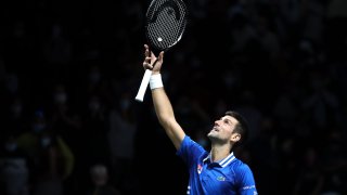 Novak Djokovic of Serbia celebrates winning against Marin Cilic of Croatia in match 2 of the Davis Cup Semi Final at Madrid Arena on December 3, 2021.
