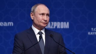 Russian President Vladimir Putin speaks as he attends the inauguration ceremony of a new gas pipeline “TurkStream” on January 8, 2020, in Istanbul.