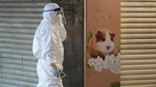 A staffer from the Agriculture, Fisheries and Conservation Department walks past a pet shop which was closed after some pet hamsters tested positive for the coronavirus, in Hong Kong, Tuesday, Jan. 18, 2022.