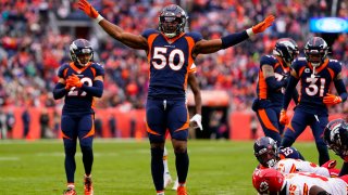 Denver Broncos linebacker Jonas Griffith (50) celebrates a stop against the Kansas City Chiefs during an NFL football game Saturday, Jan. 8, 2022, in Denver.