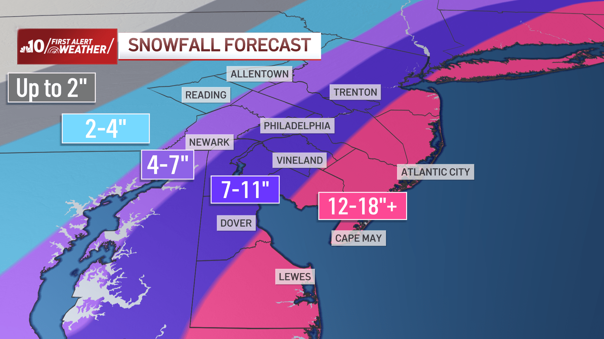 Map shows snow expected to fall on Philadelphia region on Jan. 29, 2022.