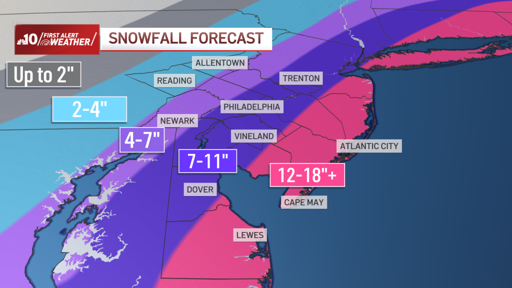 Map showing expected snowfall over the Philadelphia area on January 29, 2022.