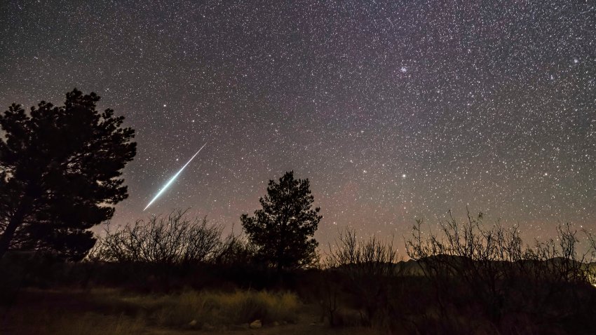 A single bright meteor from the Geminid meteor shower of December 2017, dropping toward the horizon in Ursa Major Gemini itself and the radiant of the shower is at top centre Leo is just rising at bottom centre Procyon is at upper right   I shot this from the Quailway Cottage in southeastern Arizona, on December 12, 2017 It is one frame from a 700-frame sequence for stacking and time-lapses The ground is a mean stack of 8 frames to smooth noise Exposures were 30 seconds at ISO 6400 with the Rokinon 14mm lens at f/25 and Canon 6D MkII. (Photo by: VW Pics/Universal Images Group via Getty Images)