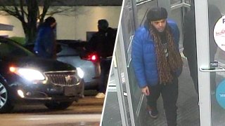 Left: Two men stand behind a sedan. Right: A man wearing a blue puffer jacket, scarf and beanie walks into a store