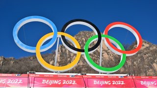 A general view of Olympic Rings at the National Alpine Skiing Centre in Yanqing ahead of the Beijing 2022 Winter Olympic Games, on February 2, 2022.