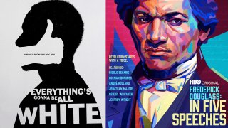 This combination of photos shows promotional art for the series "Everything's Gonna Be All White," premiering Feb. 11 on Showtime, left, and "Frederick Douglass: In Five Speeches," premiering Feb. 23 on HBO.