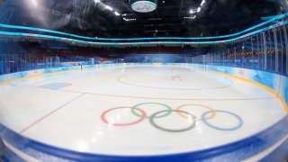 Picture of the rink taken before the start of the women’s preliminary round group B match of the Beijing 2022 Winter Olympic Games ice hockey competition between China and Japan, at the Wukesong Sports Centre in Beijing on February 6, 2022. (Photo by SONG Yanhua / various sources / AFP) (Photo by SONG YANHUA/POOL/AFP via Getty Images)