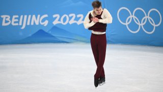 Azerbaijan's Vladimir Litvintsev competes in the men's single skating free skating of the figure skating event during the Beijing 2022 Winter Olympic Games at the Capital Indoor Stadium in Beijing on February 10, 2022.