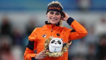 Irene Schouten of Team Netherlands poses during the Women's 3000m flower ceremony at National Speed Skating Oval, Feb. 5, 2022 in Beijing, China. Schouten won the first gold at Beijing, coming in first in the Women's 3000m speed skating event.