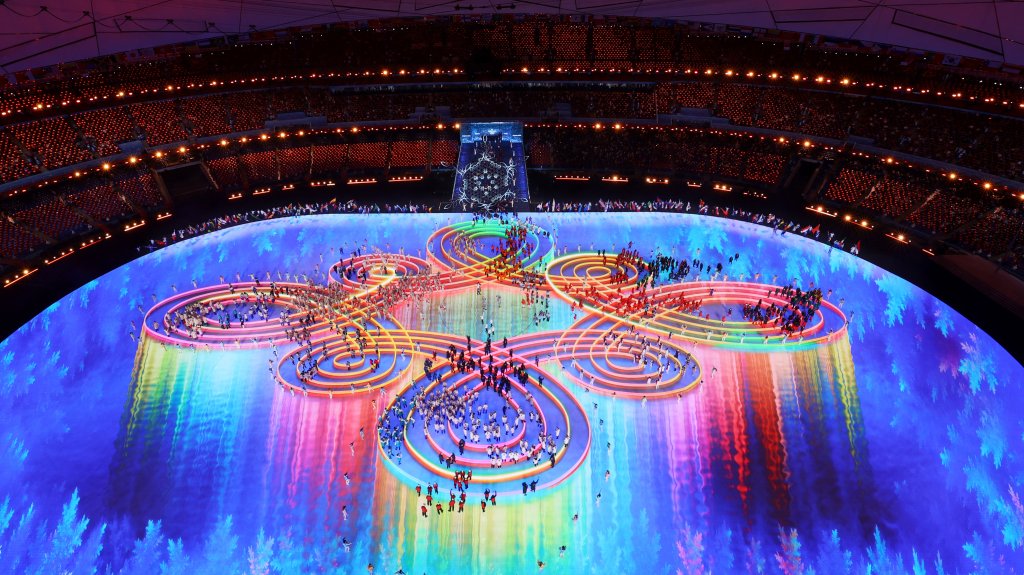 Flag bearers make their way into the Beijing National Stadium during the 2022 Winter Olympics Closing Ceremony, Feb. 20, 2022 in Beijing.