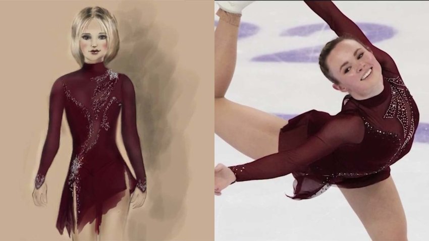 A sketch by costumer designer Jan Longmire (left) and the costume worn by American figure skater Mariah Bell (right).