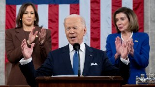 President Joe Biden delivers his State of the Union address to a joint session of Congress at the Capitol, Tuesday, March 1, 2022, in Washington, as Speaker of the House Nancy Pelosi and Vice President Kamala Harris look on.
