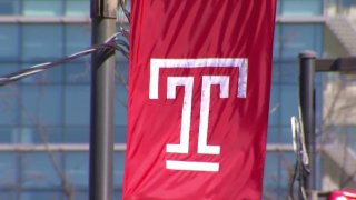 Temple logo on red flag
