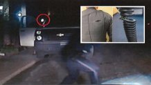 Images of a shootout with Upper Providence police. A dashcam image shows the flash of a gun. Inset photos show a rip in an officer's clothing and a tear to a police radio.