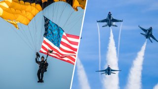 Left: A man parachutes from the sky with an American flag waving behind him. Right: Fighter planes fly in a V formation.