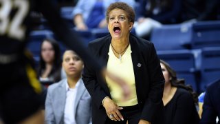 Towson head coach Diane Richardson during a women's college basketball game against Connecticut in the NCAA Tournament, on March 22, 2019, in Storrs, Conn. Richardson, who led Towson to its first NCAA Tournament appearance in school history, was named Temple University’s women’s basketball head coach,.