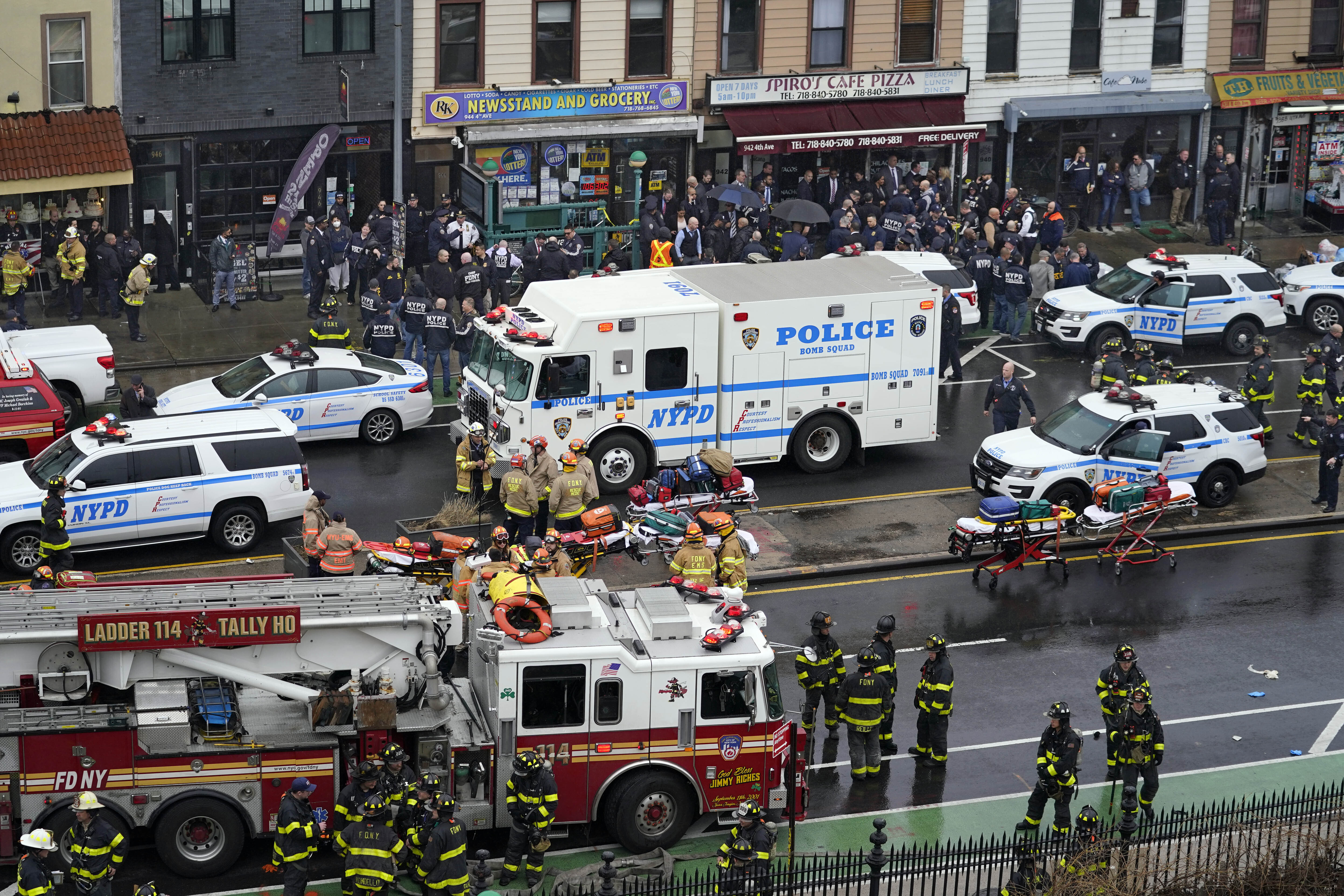 Police and first responders gather at the 36th Street subway station in the Brooklyn neighborhood of Sunset Park, April 12, 2022, in New York.