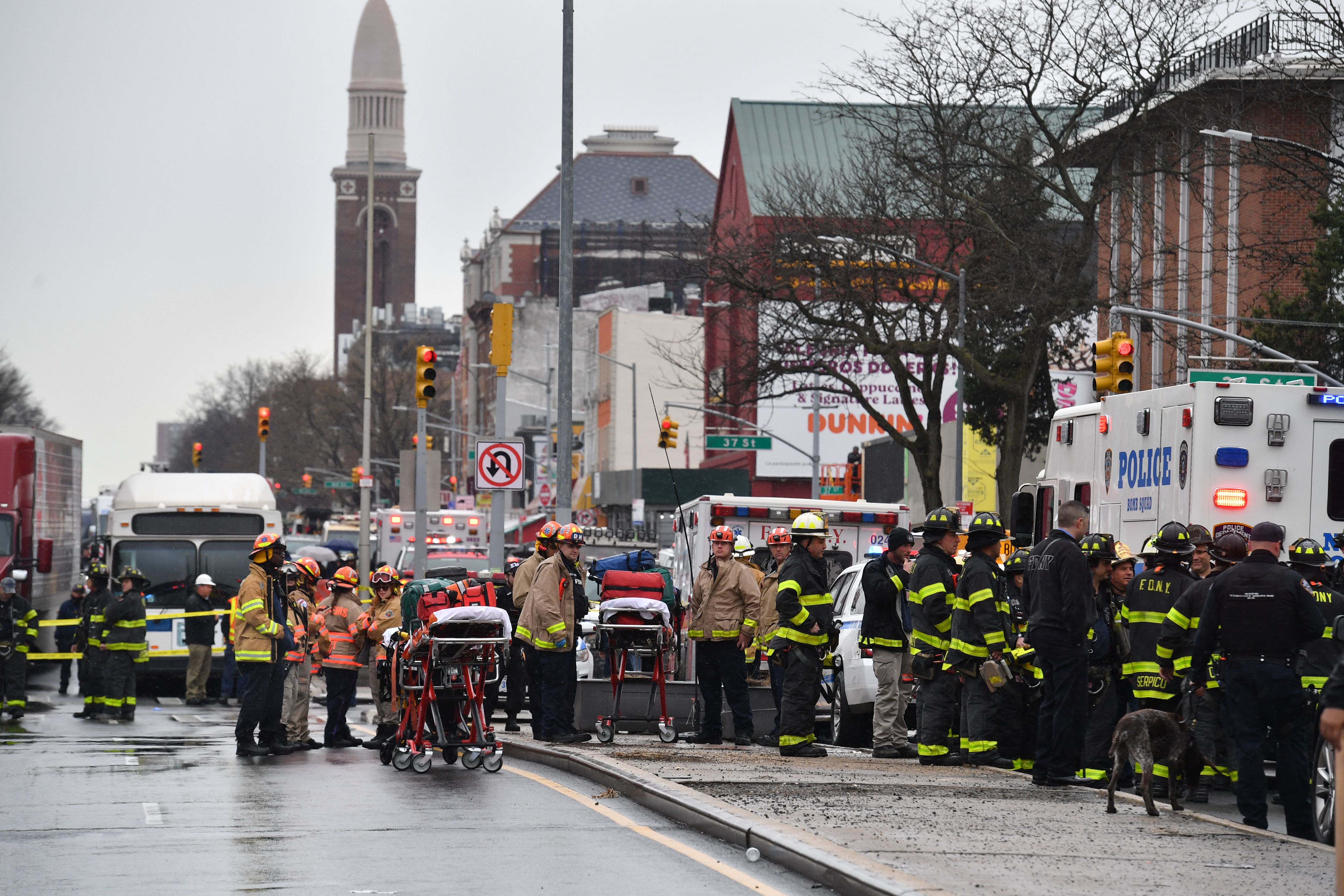 Police and first responders gather at the 36th Street subway station in the Brooklyn neighborhood of Sunset Park, April 12, 2022, in New York.