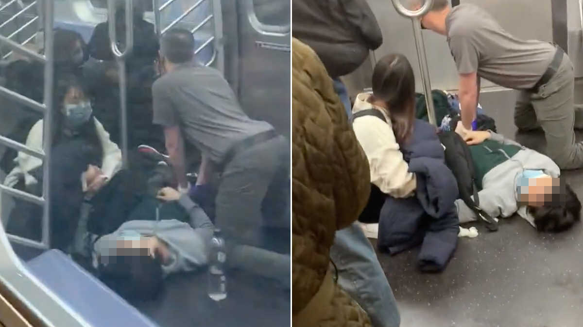 New Yorkers help injured riders in a train at the 36th Street subway station in Brooklyn's Sunset Park neighborhood in New York, April 12, 2022.