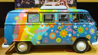 BRUSSELS, BELGIUM – JANUARY 9: Volkswagen Transporter T1 flower power campervan on display at Brussels Expo on January 9, 2020 in Brussels, Belgium. (Photo by Sjoerd van der Wal/Getty Images)