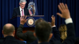 US Federal Reserve Chairman Jerome Powell takes questions during a news conference in Washington, DC, on May 4, 2022.