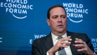 Chuck Robbins, chief executive officer of Cisco Technologies Inc., gestures as he speaks during a panel session on day two of the World Economic Forum (WEF) in Davos, Switzerland, on Jan. 22, 2020.