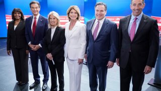 From left: Kathy Barnette, Mehmet Oz, moderator Greta Van Susteren, Carla Sands, David McCormick, and Jeff Bartos at the debate for Pennsylvania U.S. Senate Republican candidates, May 4, 2022, in Grove City, Pa.