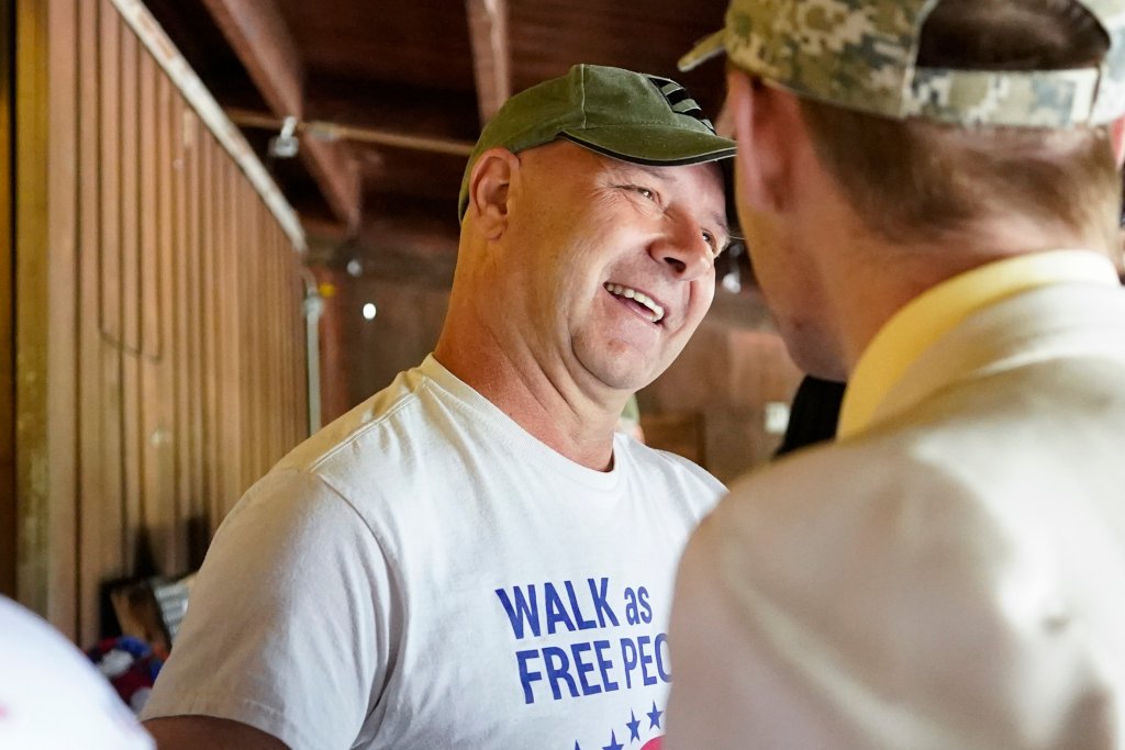 Pennsylvania state Sen. Doug Mastriano, R-Franklin, left, a Republican running for Governor of Pennsylvania, greets a supporter at a campaign stop Tuesday, May 10, 2022, in Portersville, Pa.