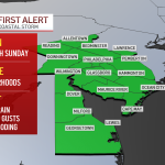 A map shows the First Alert for wet and windy weather in the Philadelphia region.
