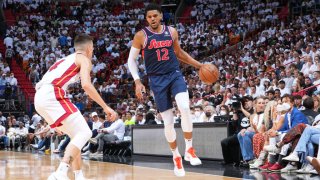 MIAMI, FL – MAY 2: Tobias Harris #12 of the Philadelphia 76ers handles the ball against the Miami Heat during Game 1 of the 2022 NBA Playoffs Eastern Conference Semifinals on May 2, 2022 at The FTX Arena in Miami, Florida. NOTE TO USER: User expressly acknowledges and agrees that, by downloading and/or using this Photograph, user is consenting to the terms and conditions of the Getty Images License Agreement. Mandatory Copyright Notice: Copyright 2022 NBAE (Photo by Jesse D. Garrabrant/NBAE via Getty Images)