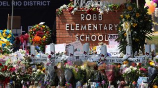 A memorial for the victims of the mass shooting at Robb Elementary School is seen on May 27, 2022 in Uvalde, Texas.