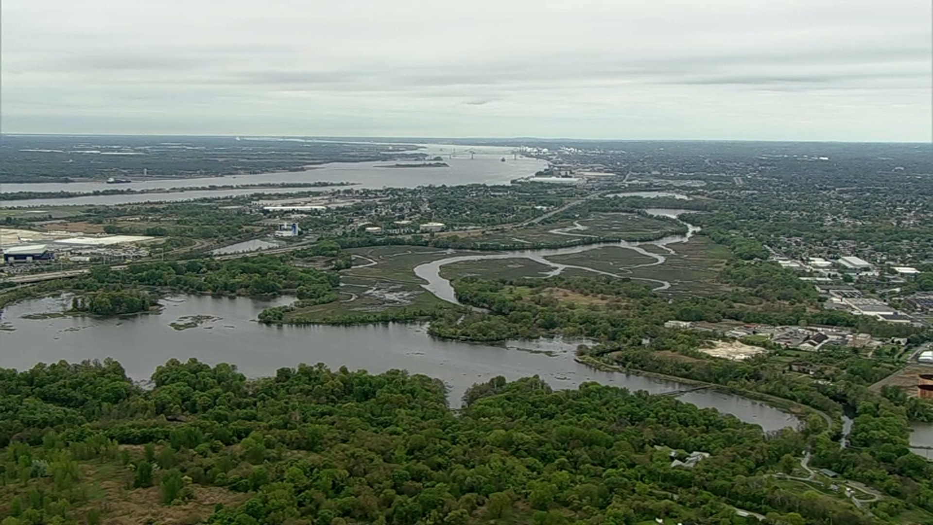 An aerial view of wetlands adjacent to Philadelphia International Airport