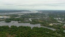 An aerial view of wetlands adjacent to Philadelphia International Airport