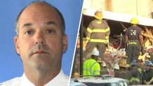 Left: Fire Lt. Sean Williamson, Right: Firefighters dig through the rubble of a building collapse.