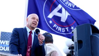 Pennsylvania state Sen. Doug Mastriano, R-Franklin, speaks to supporters of President Donald Trump as they demonstrate outside the Pennsylvania State Capitol, Saturday, Nov. 7, 2020, in Harrisburg, Pa.