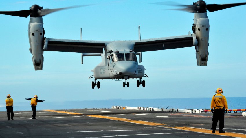 March 1, 2011 – A U.S. Marine Corps MV-22 Osprey aircraft prepares to land on the flight deck of amphibious assault ship USS Makin Island in the Pacific Ocean. This was the first Osprey landing on a west coast amphibious assault ship since the aircraft was introduced to the fleet.