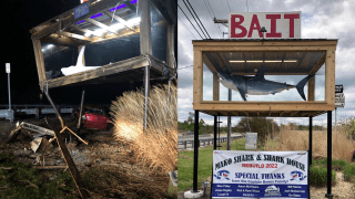 Side by Side images of Odessa bait and tackle shop shark in tank landmark and red car crashed into it, and to the right, a picture of the new and repaired landmark standing.