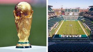 A photo of the World Cup trophy next to a photo of the Lincoln Financial Field