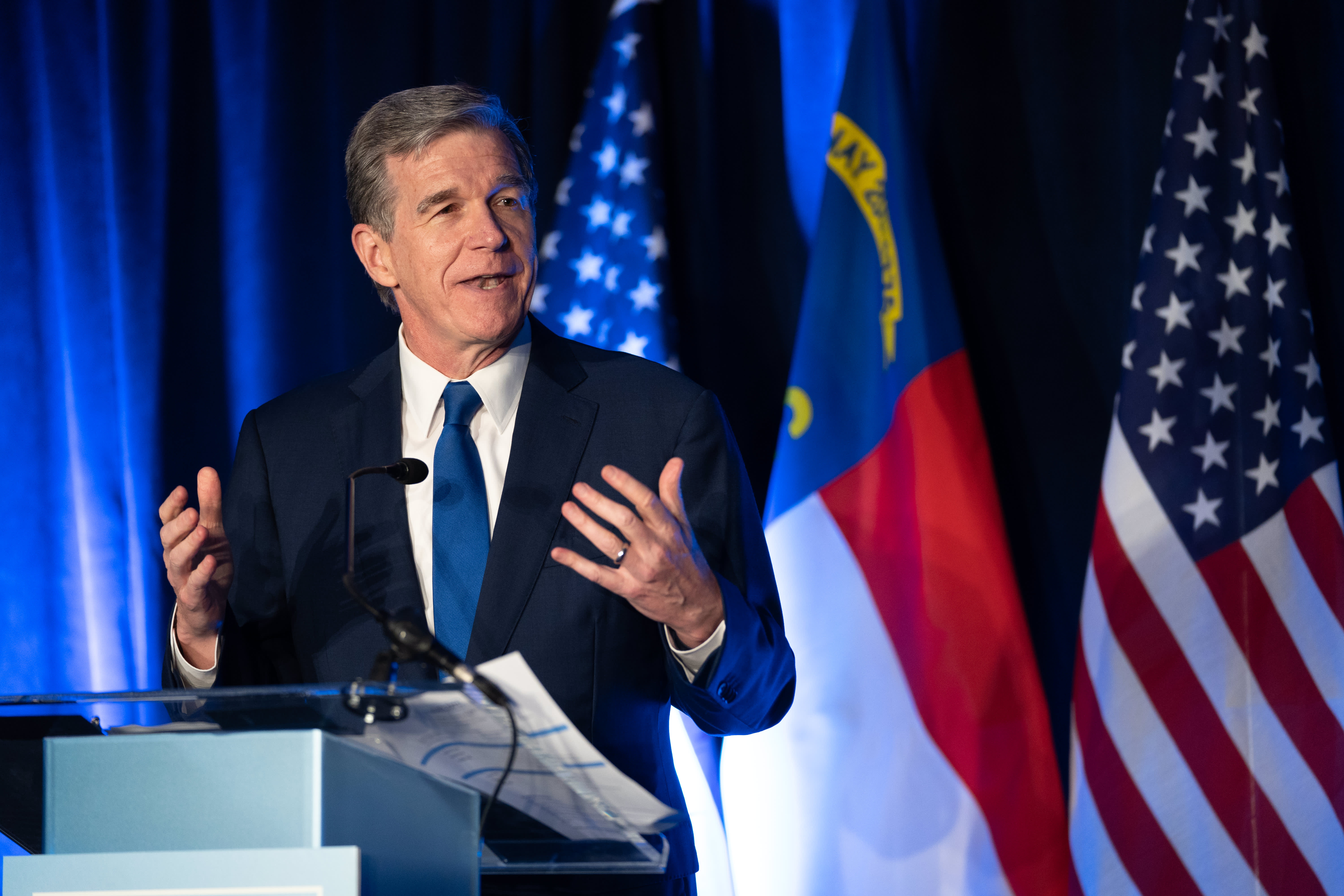 North Carolina Governor Roy Cooper speaks to the crowd during an election night event for Democratic Senate candidate Cheri Beasley on May 17, 2022 in Raleigh, North Carolina.