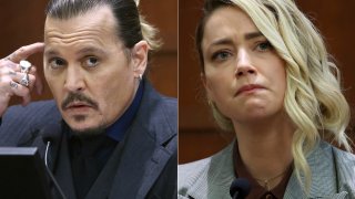 Johnny Depp testifying at the Fairfax County Circuit Court in Fairfax, Va., on April 21, 2022, left, and actor Amber Heard testifying