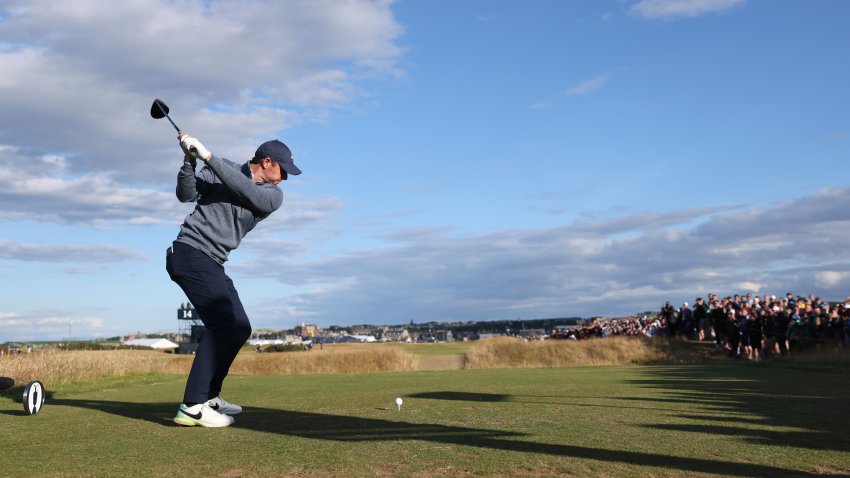 Northern Ireland’s Rory McIlroy plays off the 15th tee during the second round of the British Open golf championship on the Old Course at St. Andrews, Scotland, Friday July 15, 2022.