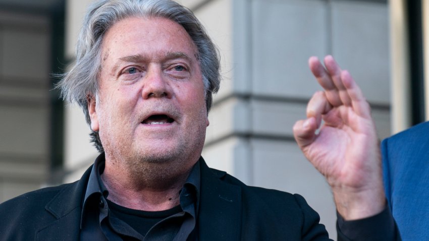 Former White House strategist Steve Bannon speaks with reporters as he departs federal court on Wednesday, July 20, 2022, in Washington. Bannon, a one-time adviser to former President Donald Trump, faces criminal contempt of Congress charges after refusing for months to cooperate with the House committee investigating the Jan. 6, 2021, Capitol insurrection. (AP Photo/Alex Brandon)