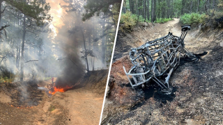 A burning ATV and the charred wreckage