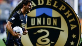 Julián Carranza #9 of Philadelphia Union looks on after defeating D.C. United at Subaru Park on July 08, 2022 in Chester, Pennsylvania.