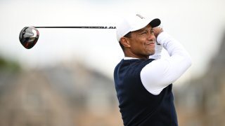 Tiger Woods of the United States plays his shot from the second tee during Day One of The 150th Open at St Andrews Old Course on July 14, 2022 in St Andrews, Scotland.