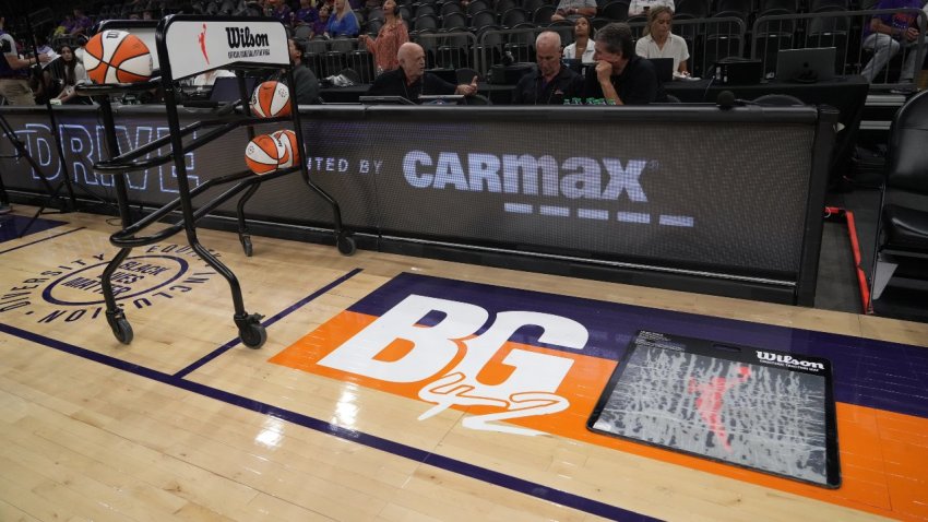 BG42 signage is shown on the court at Footprint Center in support of Phoenix Mercury center Brittney Griner (not pictured).