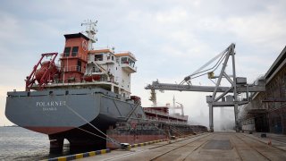 a Turkish Polarnet cargo ship is loading Ukrainian grain in a port in Odesa region
