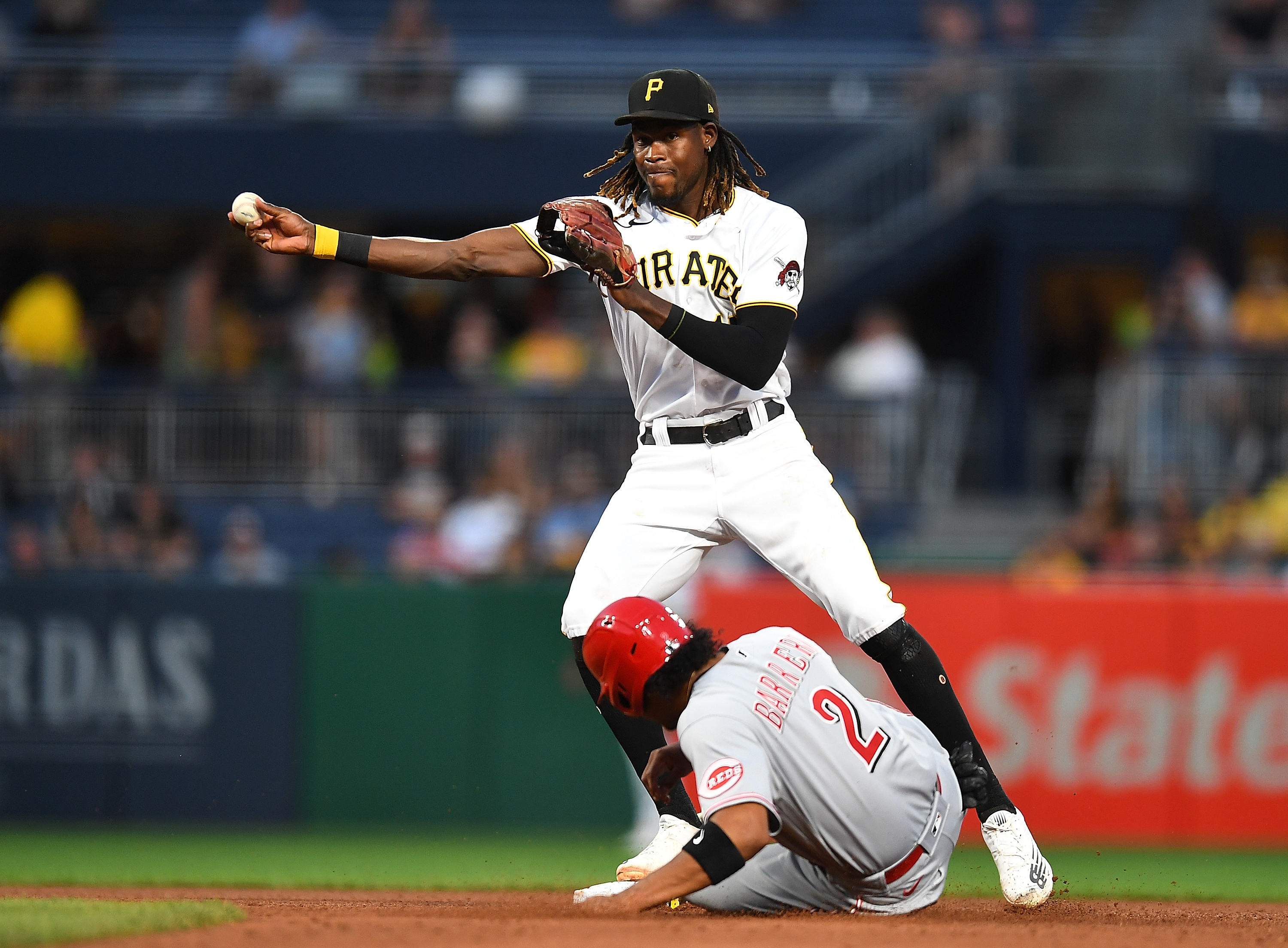 Pittsburgh Pirates' Oneil Cruz visits the dugout during a baseball
